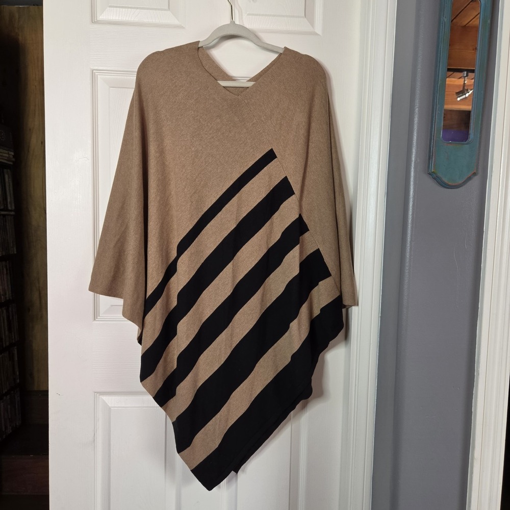 Lane Bryant Poncho Black Tan Wool Blend Pullover Diagonal Striped Cozy Elegant
